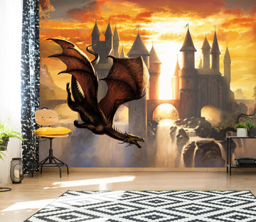 3D Sunset Castle Dragon 7056 Ciruelo Wall Mural Wall Murals