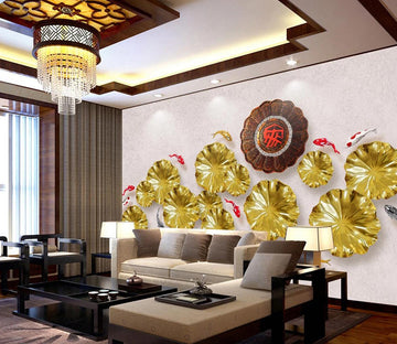 3D Golden Lotus Leaf WC407 Wall Murals