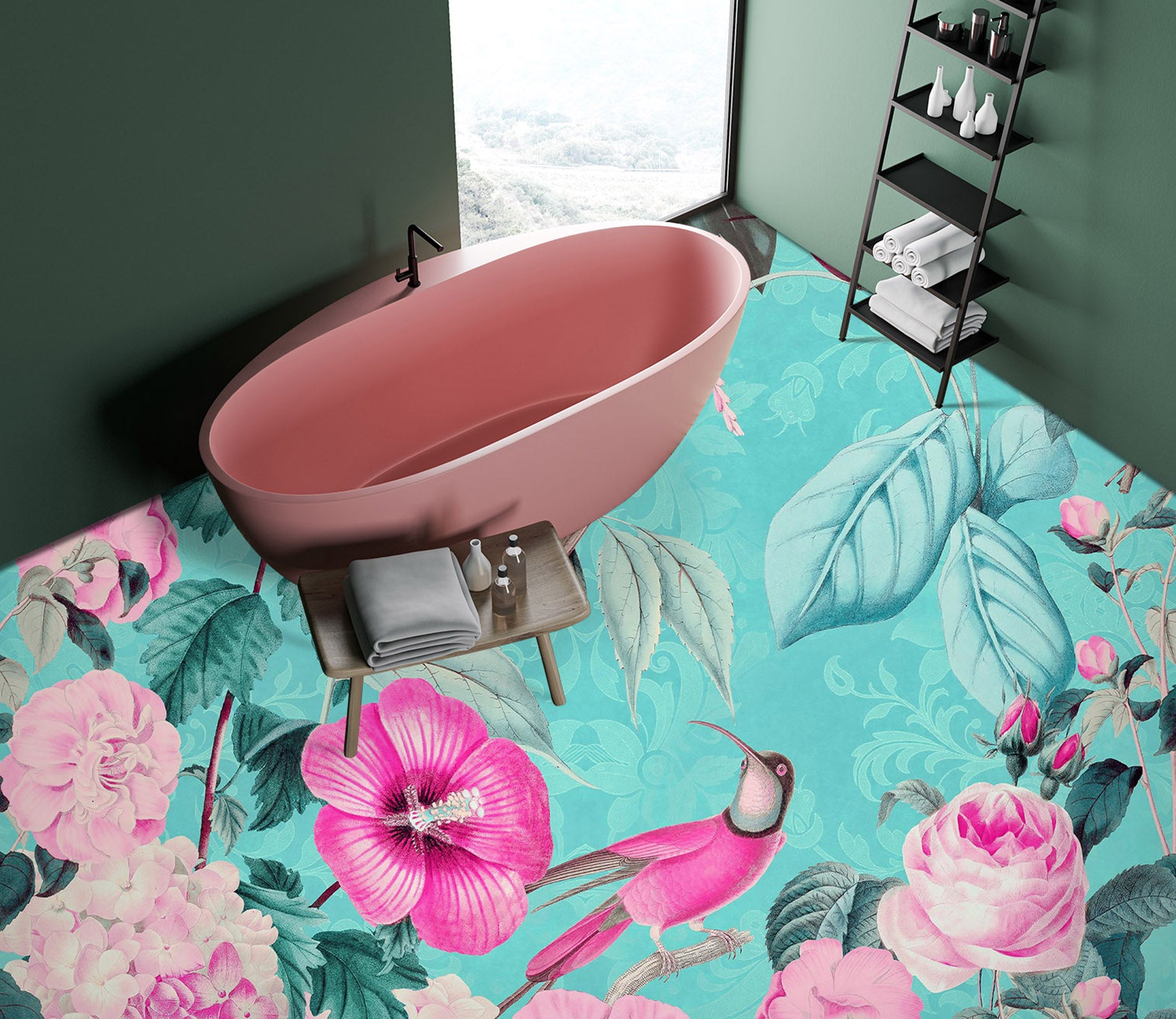 3D Pink Flower Bird Blue 104153 Andrea Haase Floor Mural  Wallpaper Murals Self-Adhesive Removable Print Epoxy