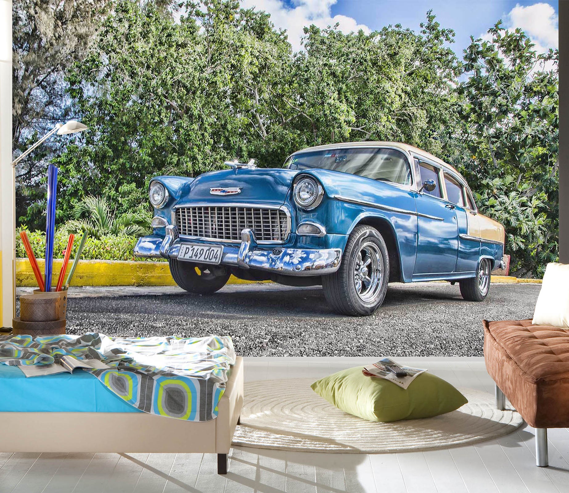 3D Woods Blue Car 095 Vehicle Wall Murals