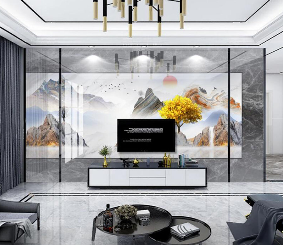 3D Golden Mountain Trees 349 Wall Murals