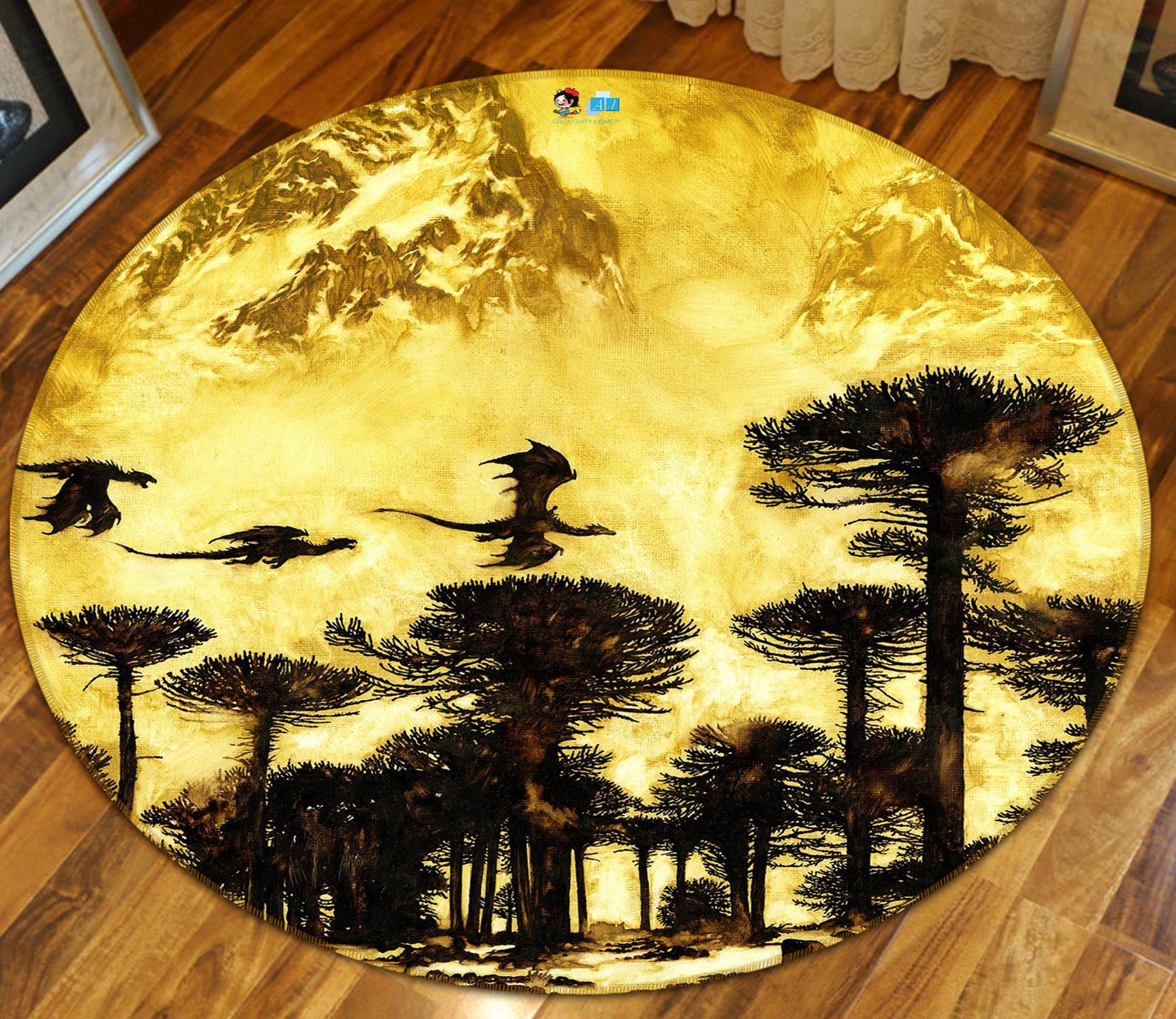 3D Tree Forest Dragon 6114 Ciruelo Rug Round Non Slip Rug Mat