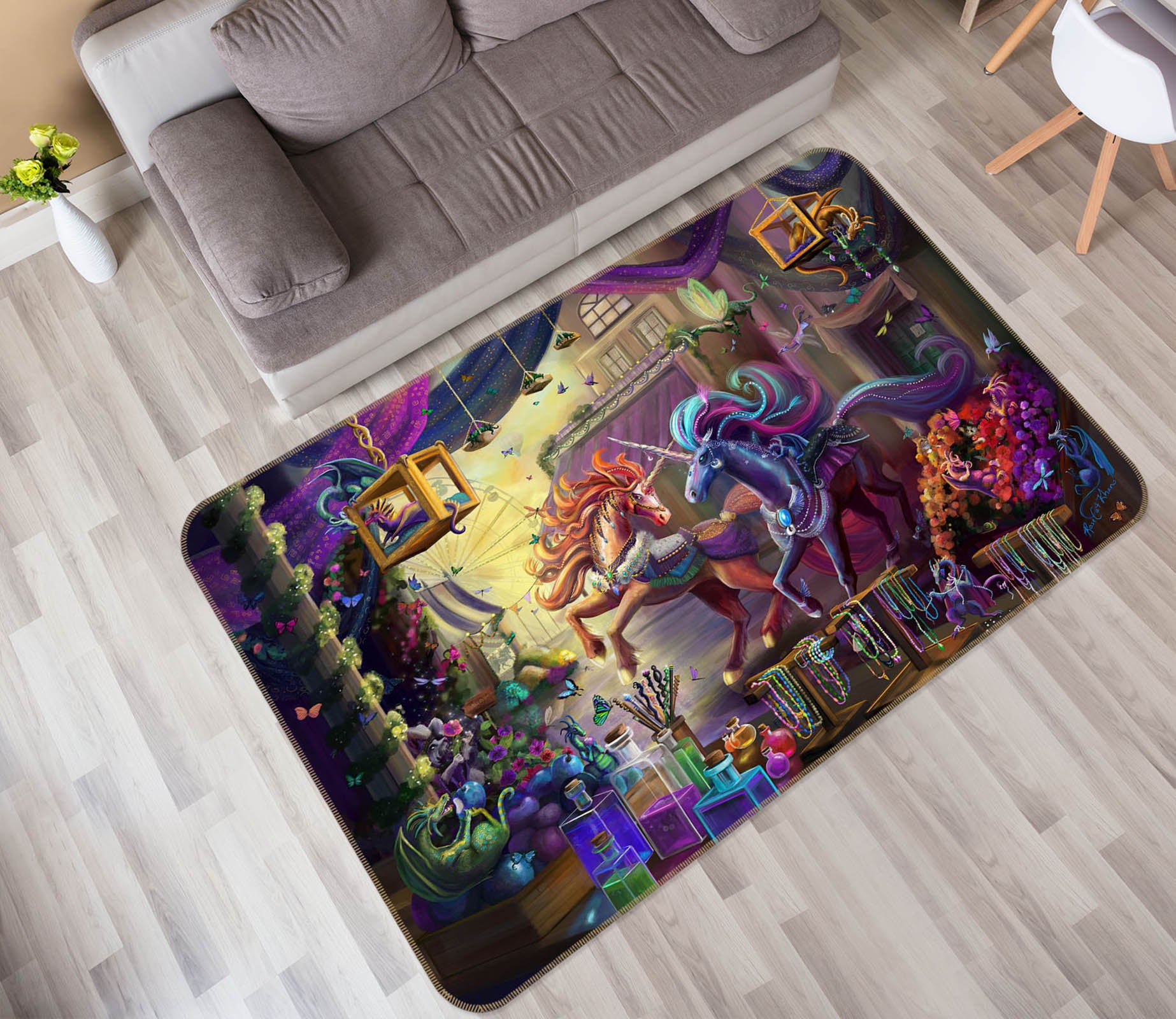 3D Two Unicorns 3022 Rose Catherine Khan Rug Non Slip Rug Mat
