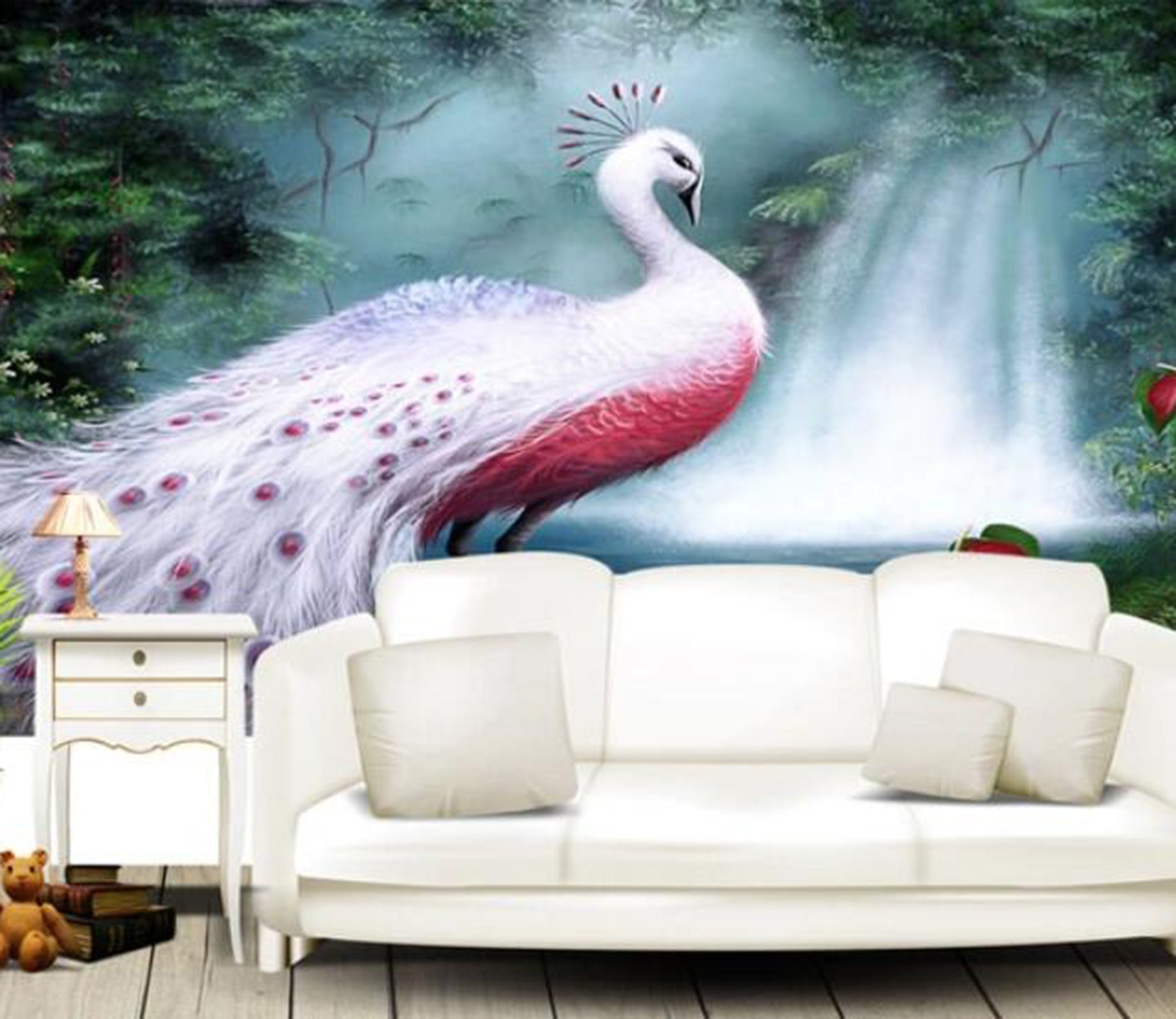 3D Waterfall Peacock WC10 Wall Murals Wallpaper AJ Wallpaper 2 