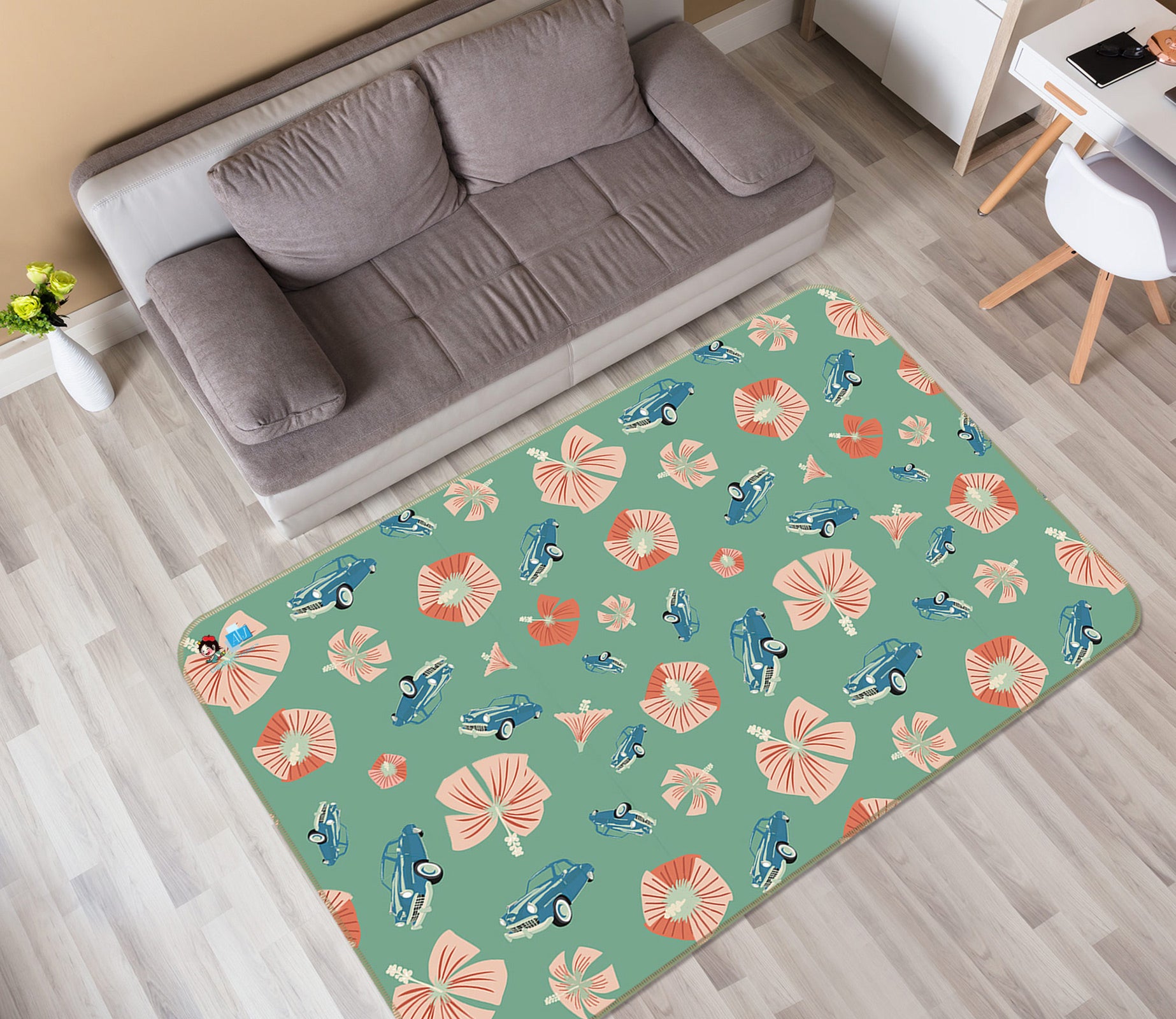 3D Pink Flowers Blue Car Pattern 9875 Kasumi Loffler Rug Non Slip Rug Mat