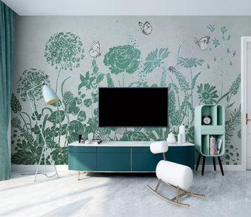 3D Green Flower Butterfly WC2392 Wall Murals