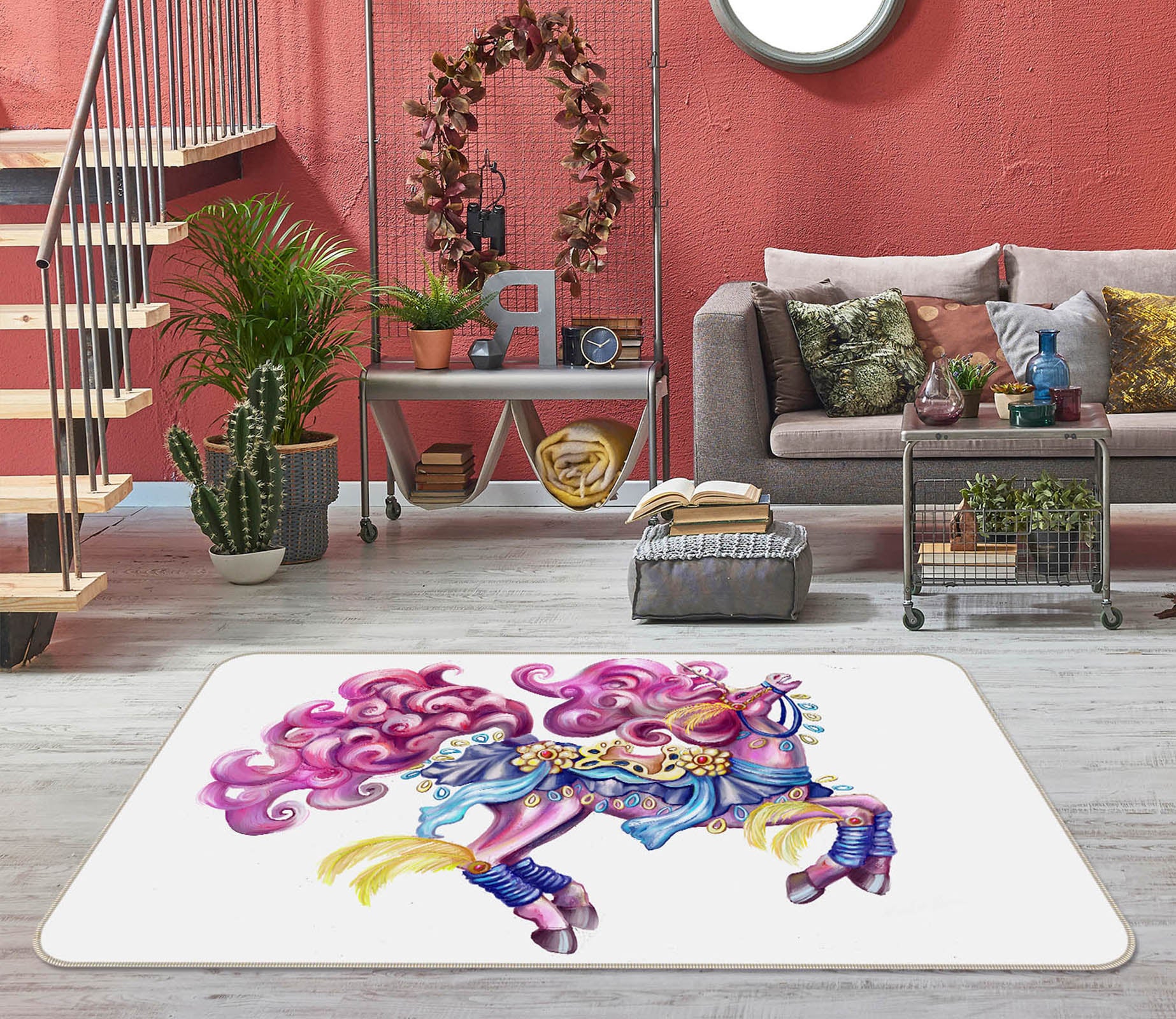 3D Curly Unicorn 3011 Rose Catherine Khan Rug Non Slip Rug Mat