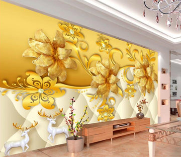 3D Golden Flower Deer WC1588 Wall Murals