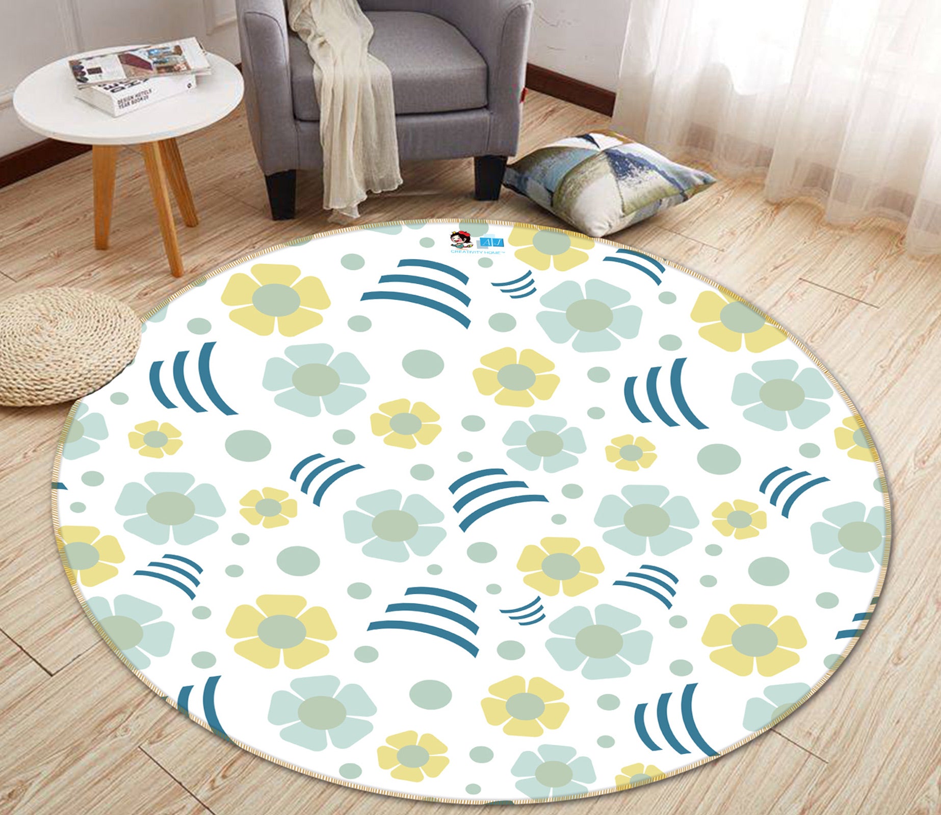 3D Yellow Blue Flower Pattern 98108 Kasumi Loffler Rug Round Non Slip Rug Mat