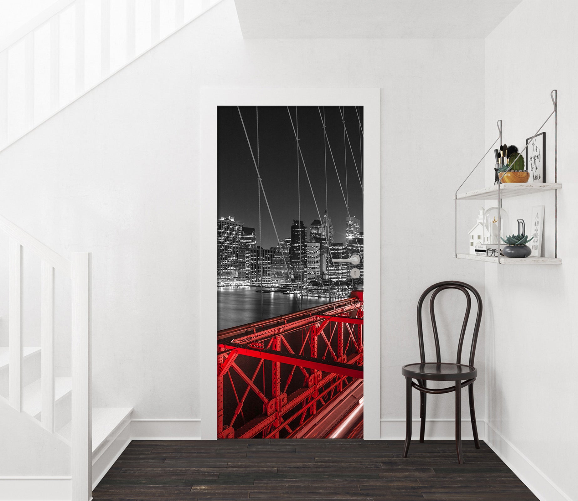 3D Red Light Bridge Grey Building 10708 Assaf Frank Door Mural