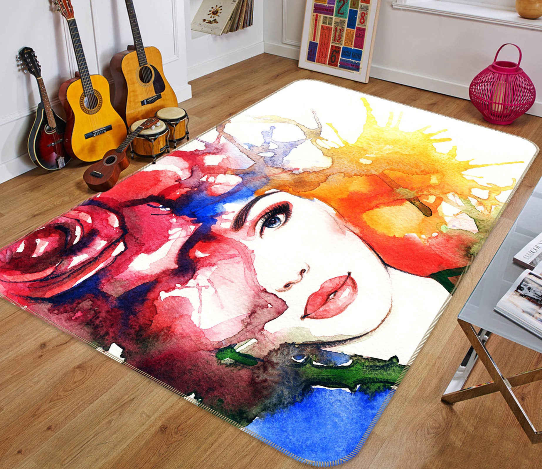 3D Red Rose Woman 1012 Non Slip Rug Mat