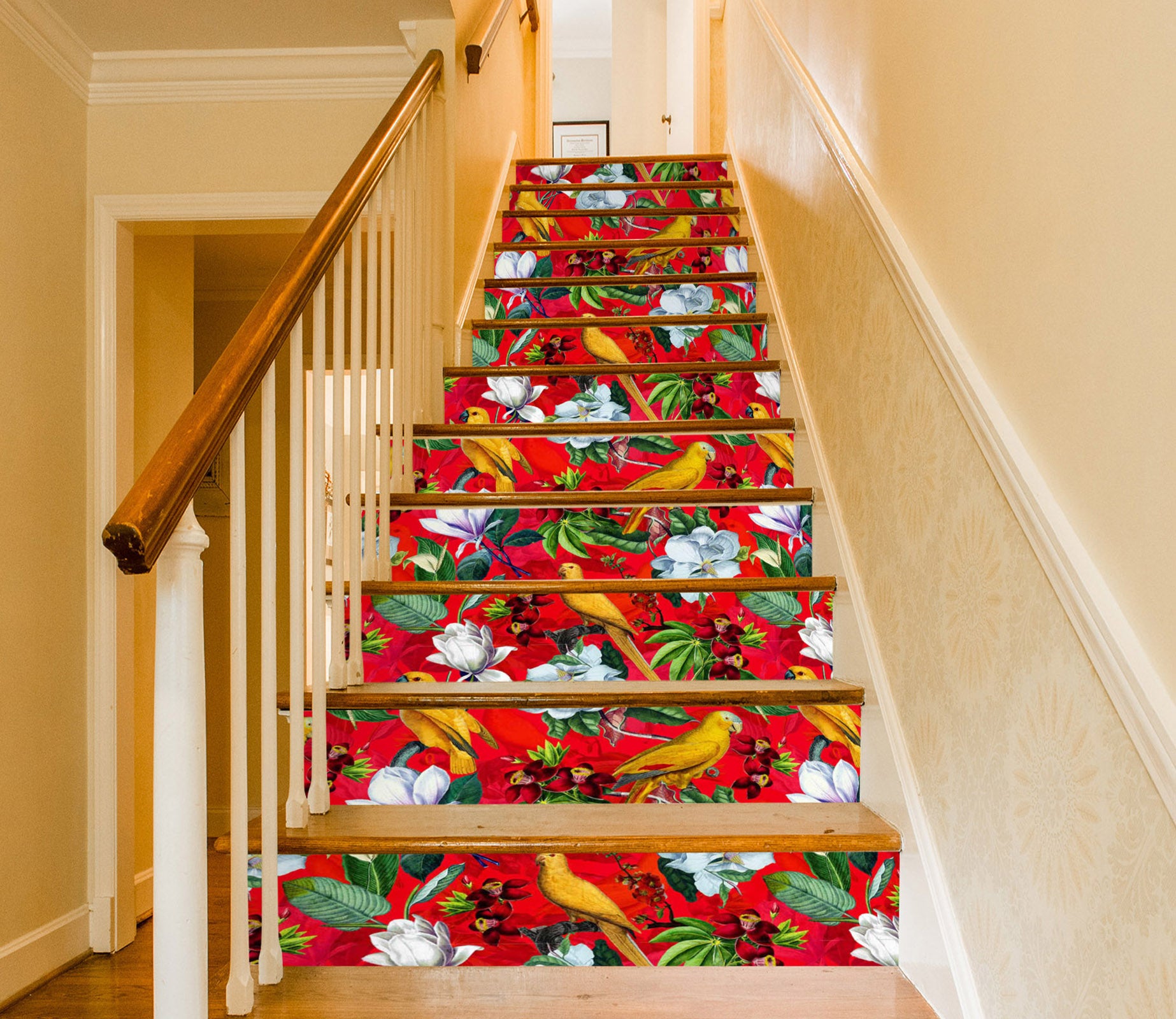 3D Red Bottom Yellow Bird White Flower 10414 Uta Naumann Stair Risers