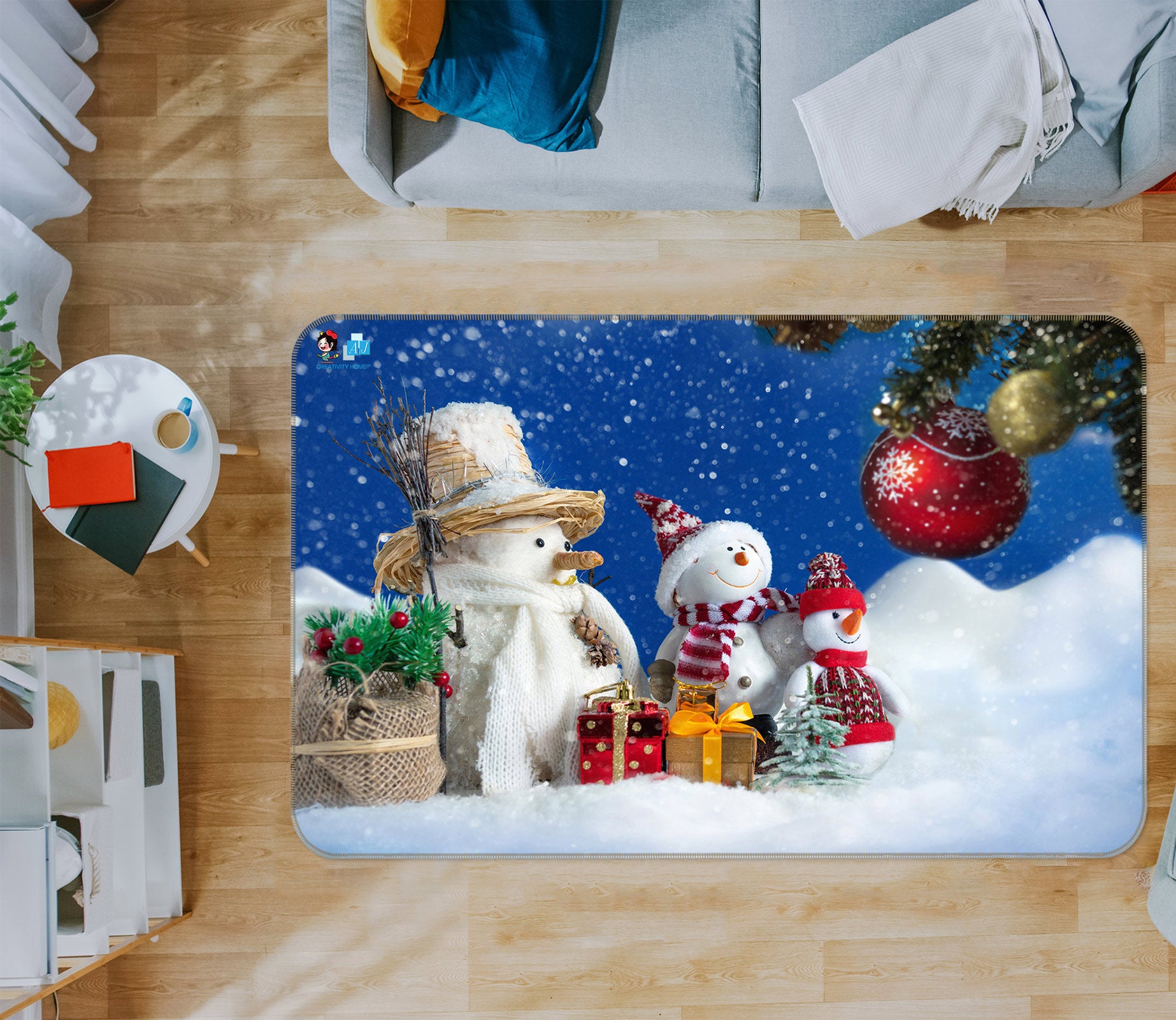 3D Two Snowmen 56169 Christmas Non Slip Rug Mat Xmas