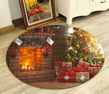 3D Fireplace Gift 56058 Christmas Round Non Slip Rug Mat Xmas