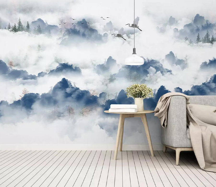 3D Crane Mountain Cloud WC738 Wall Murals