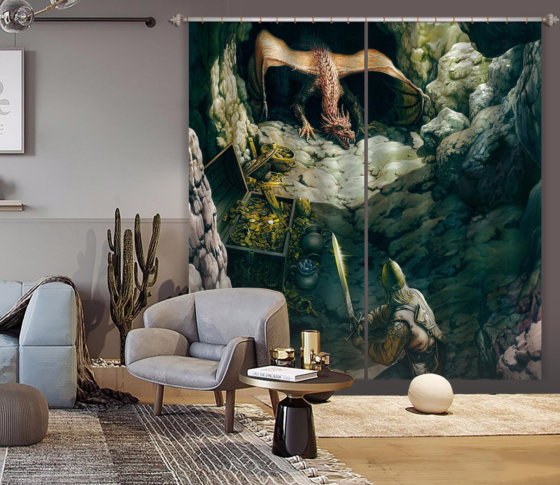 3D Dragon Cave Soldier 7165 Ciruelo Curtain Curtains Drapes