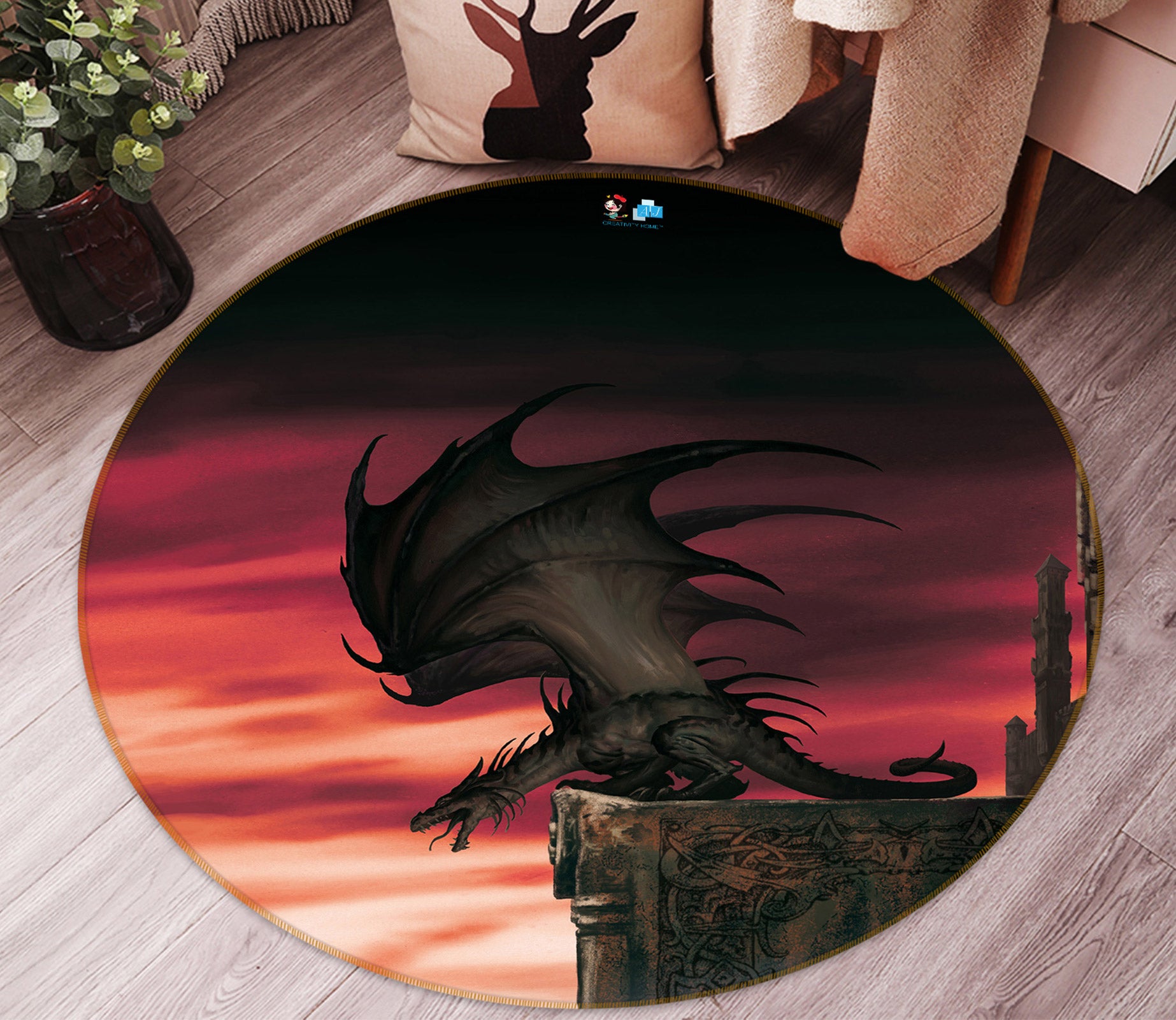 3D Red Sky Dragon 6127 Ciruelo Rug Round Non Slip Rug Mat