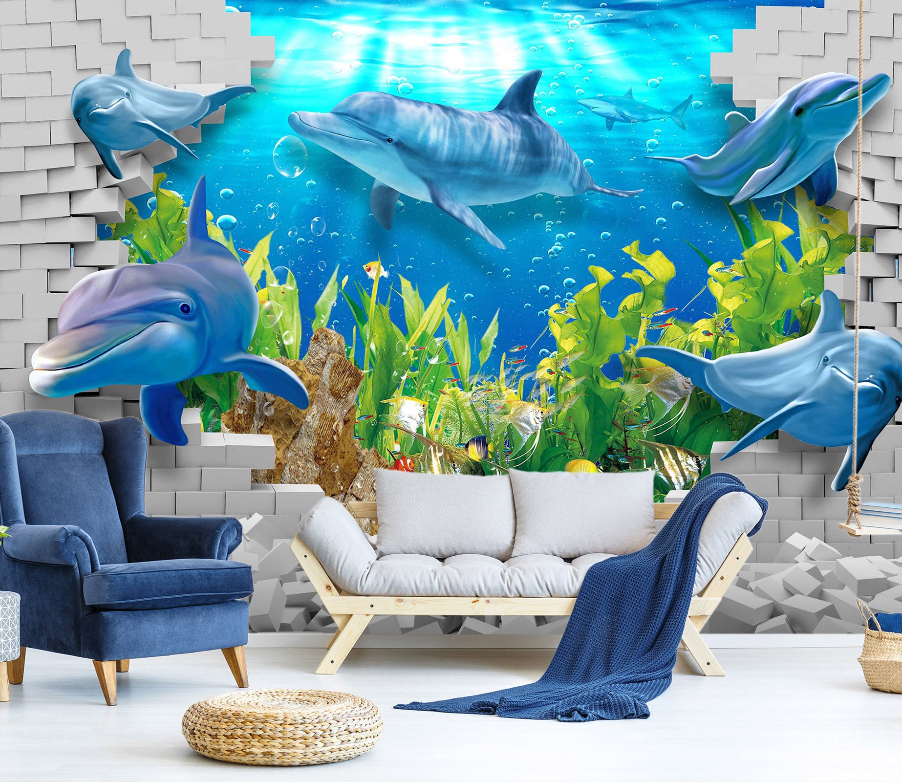 3D Undersea Dolphin 1428 Wall Murals
