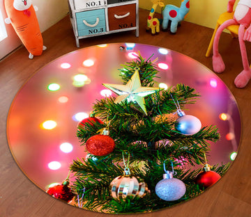 3D Red Blue Ball Tree 56085 Christmas Round Non Slip Rug Mat Xmas