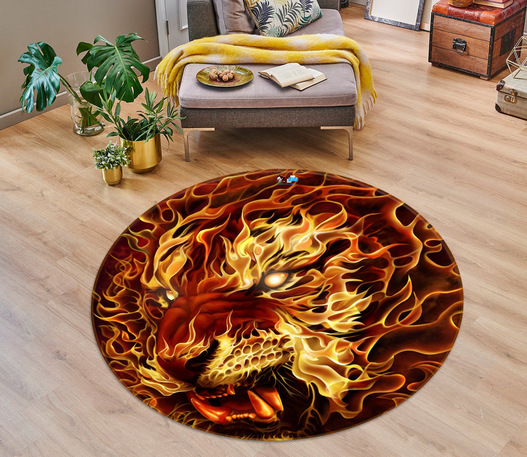 3D Flame Tiger 4185 Tom Wood Rug Round Non Slip Rug Mat