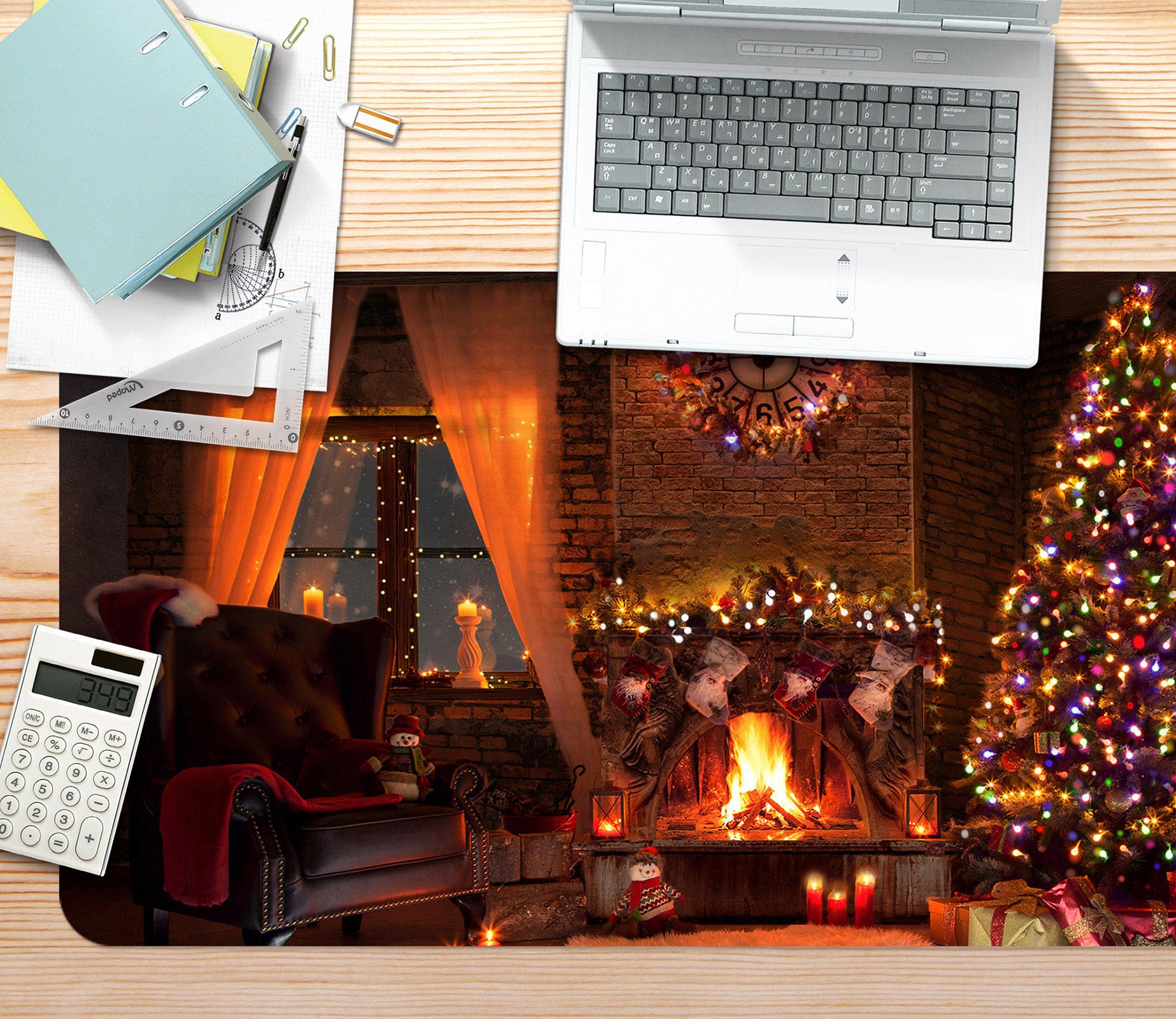 3D Window Fireplace Tree 53248 Christmas Desk Mat Xmas