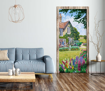 3D Colorful Flower Bush Lawn House 103182 Trevor Mitchell Door Mural