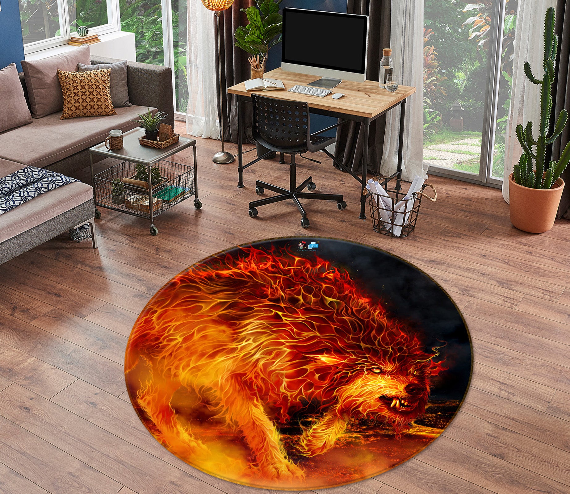 3D Flaming Wolf 4196 Tom Wood Rug Round Non Slip Rug Mat