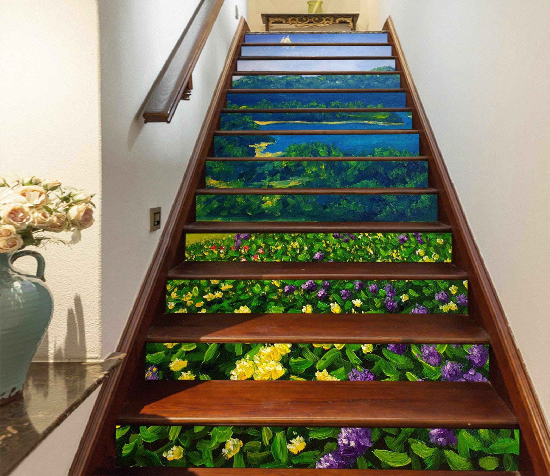 3D Fresh Green Leaves And Flowers 400 Stair Risers