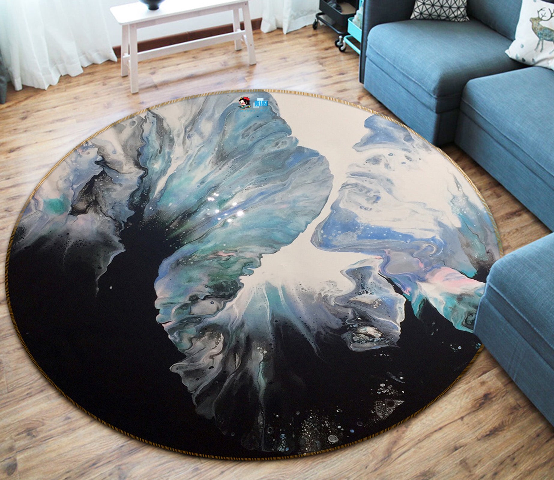 3D Blue Black Blooming 40007 Valerie Latrice Rug Round Non Slip Rug Mat