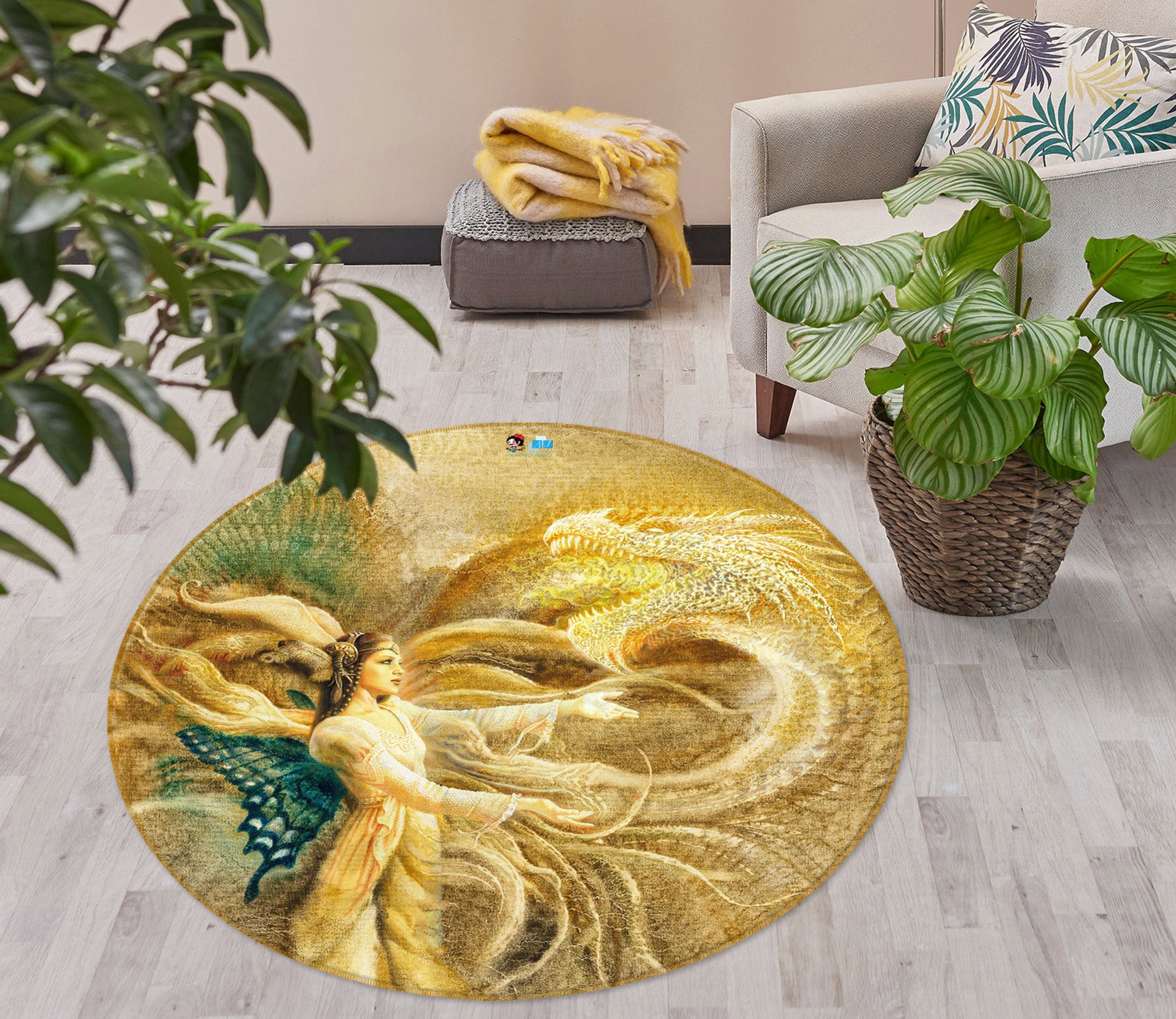 3D Butterfly Wings Golden Elf 6152 Ciruelo Rug Round Non Slip Rug Mat