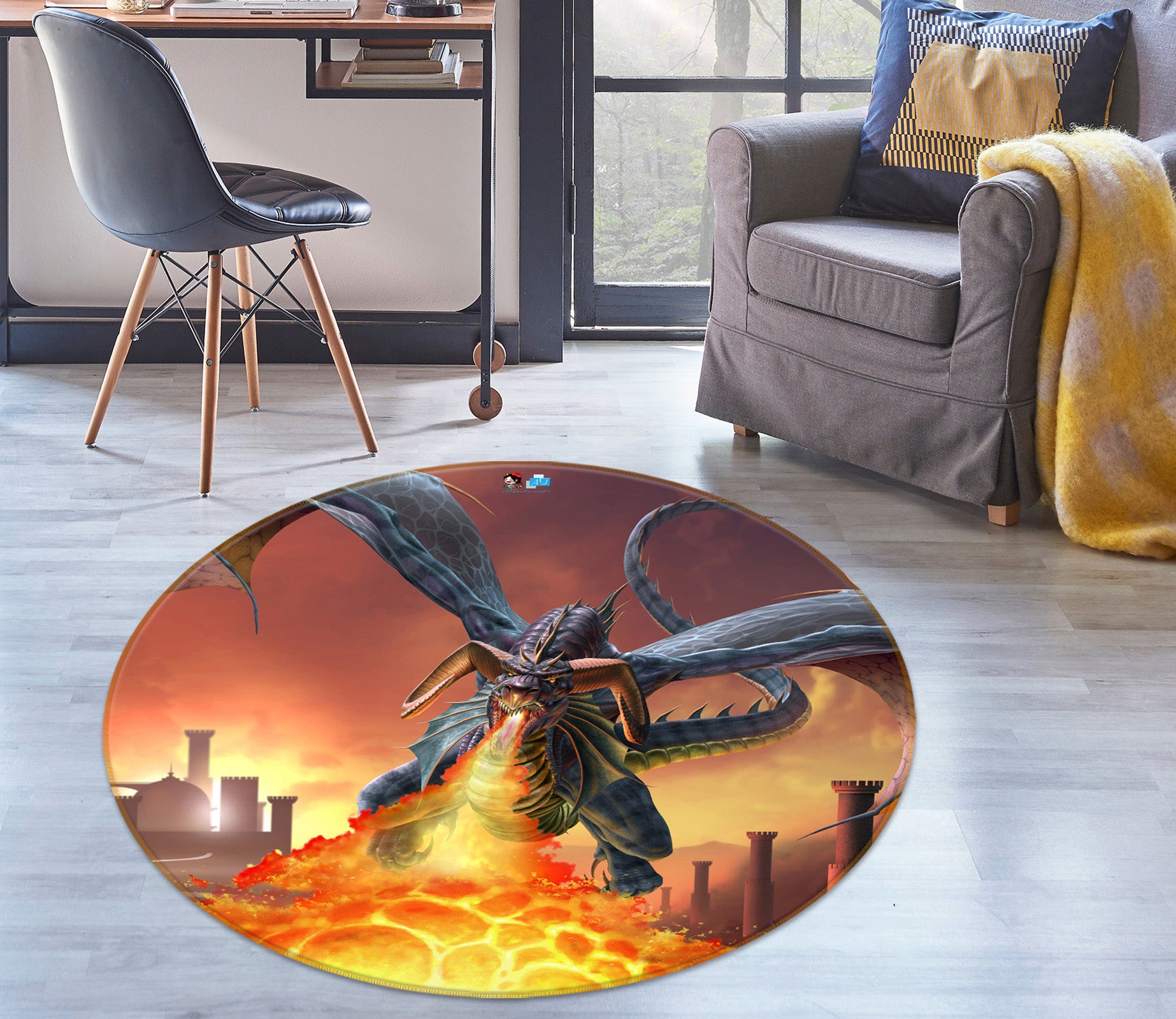 3D Flying Dragon Spitfire 4174 Tom Wood Rug Round Non Slip Rug Mat