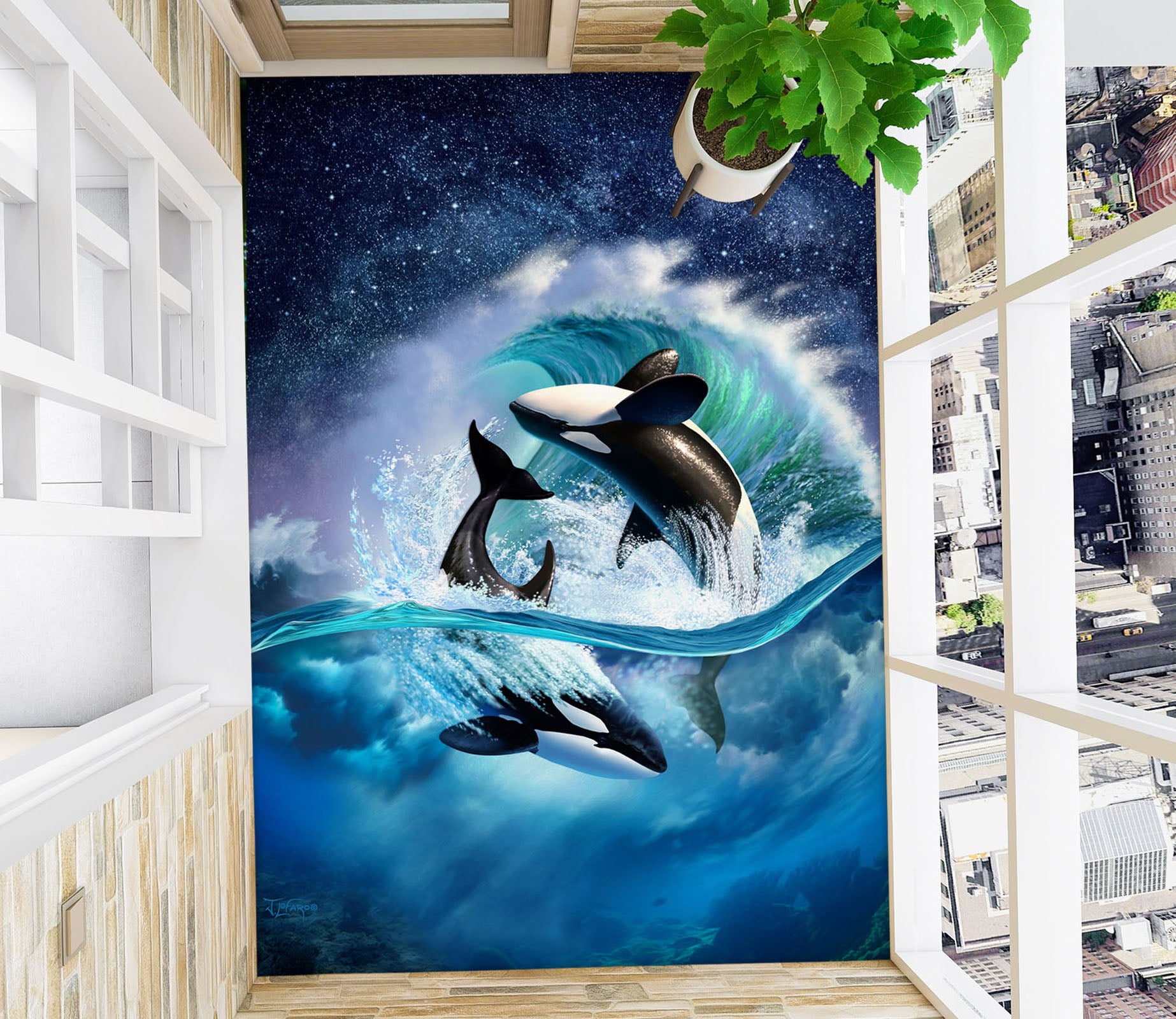 3D Whale Waves 96223 Jerry LoFaro Floor Mural  Wallpaper Murals Self-Adhesive Removable Print Epoxy