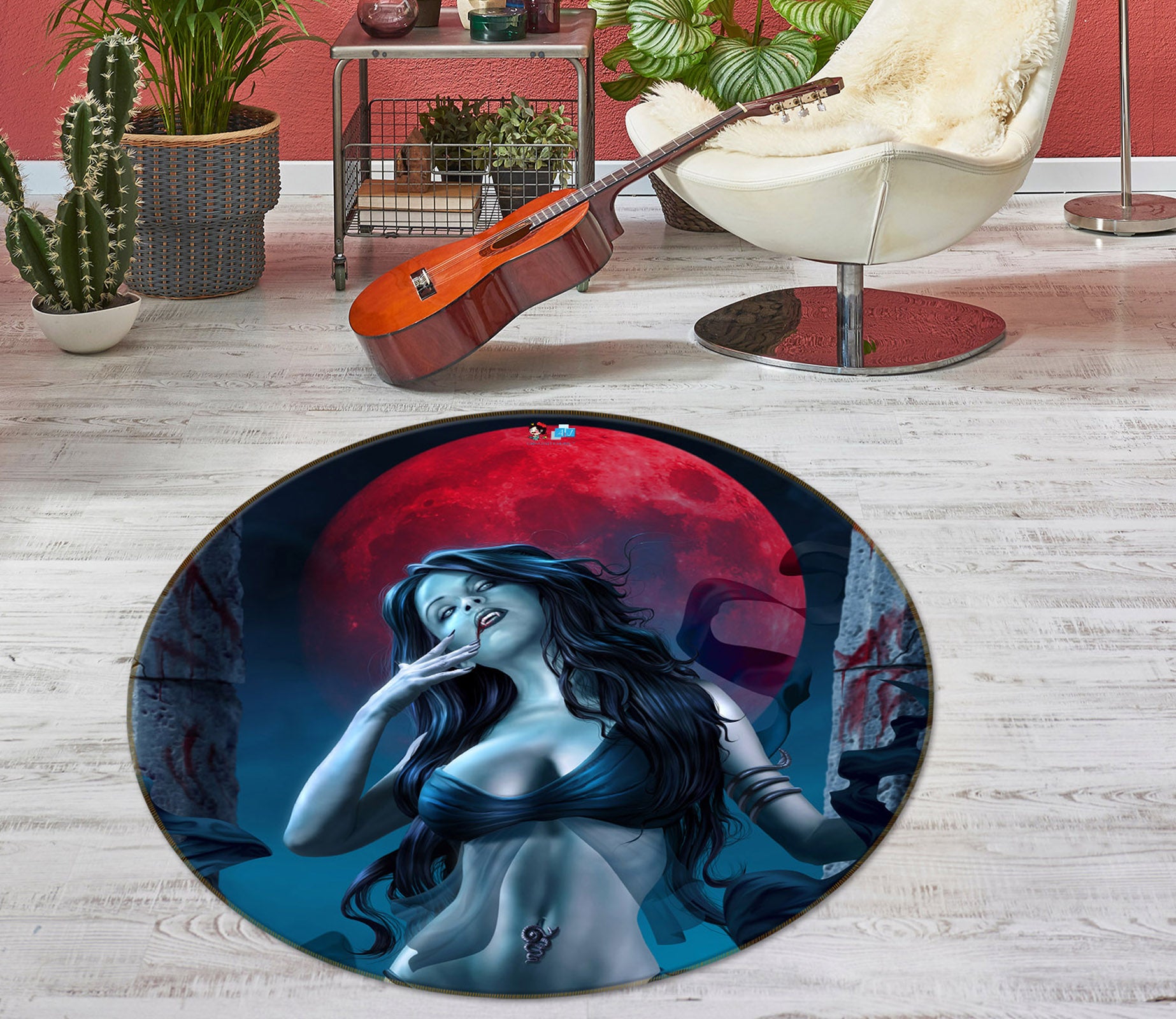 3D Beauty Red Moon 4171 Tom Wood Rug Round Non Slip Rug Mat