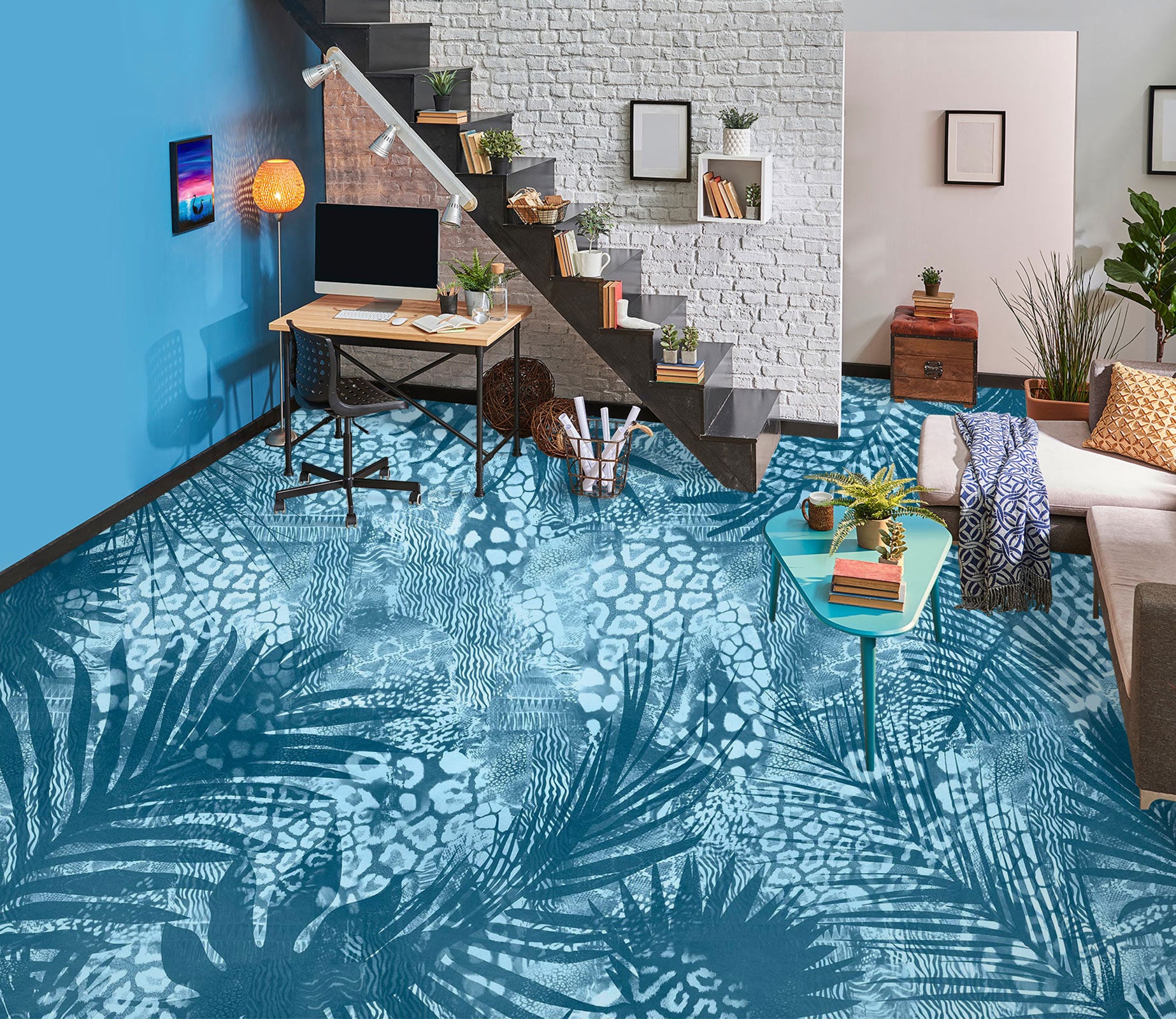 3D Blue Leaves Pattern 102118 Andrea Haase Floor Mural  Wallpaper Murals Self-Adhesive Removable Print Epoxy