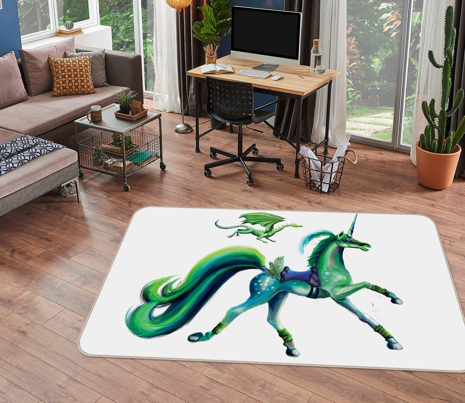 3D Green Unicorn 3021 Rose Catherine Khan Rug Non Slip Rug Mat
