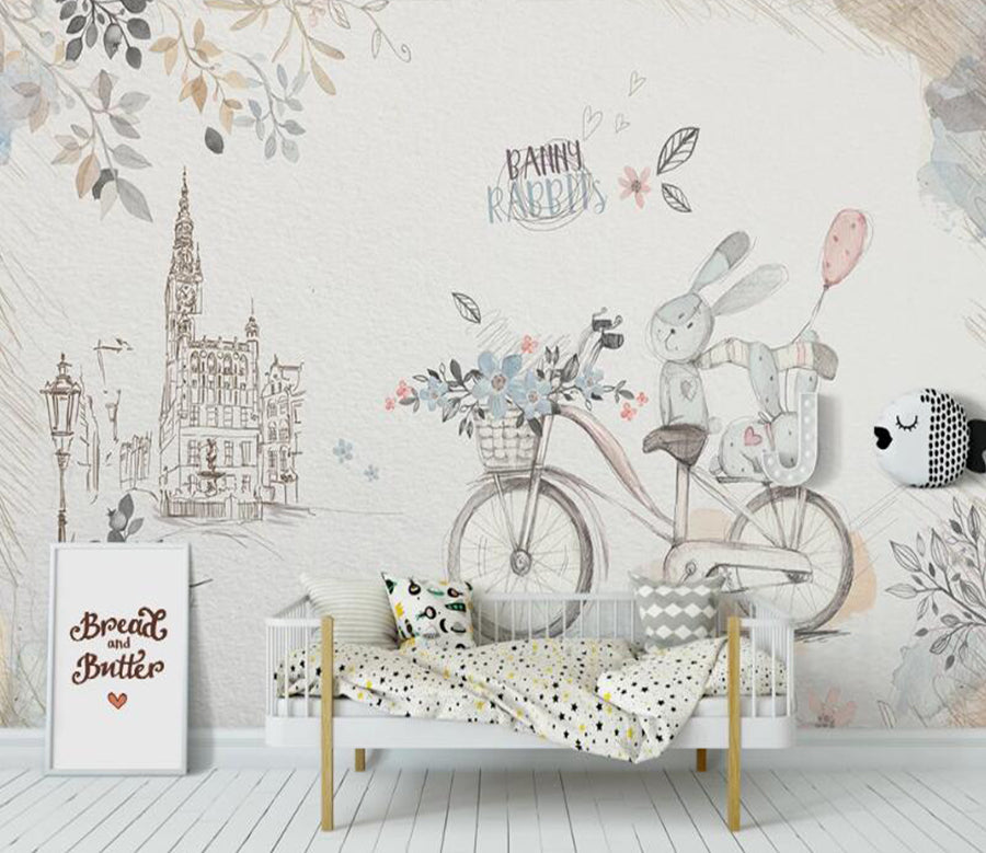 3D Bicycle Bunny 905 Wall Murals
