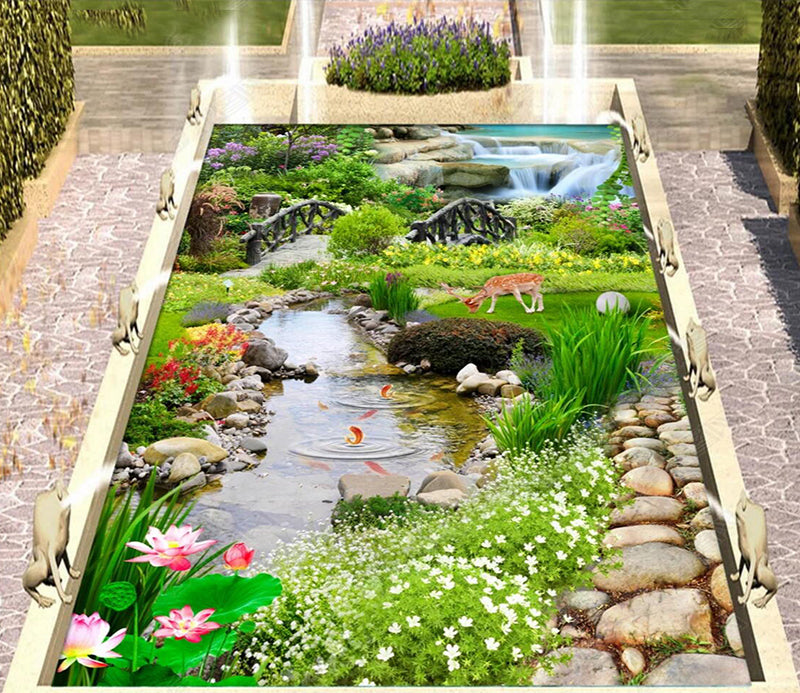 3D Fawn By The River 093 Floor Mural  Self-Adhesive Sticker Bathroom Non-slip Waterproof Flooring Murals