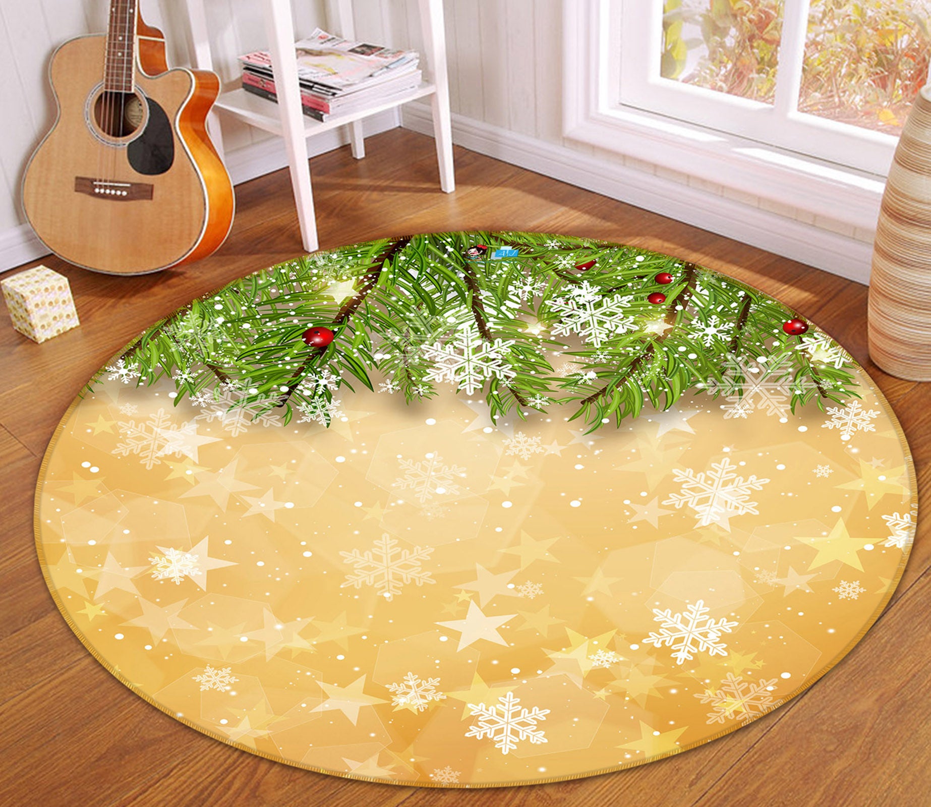 3D Branches Snowflakes 55270 Christmas Round Non Slip Rug Mat Xmas