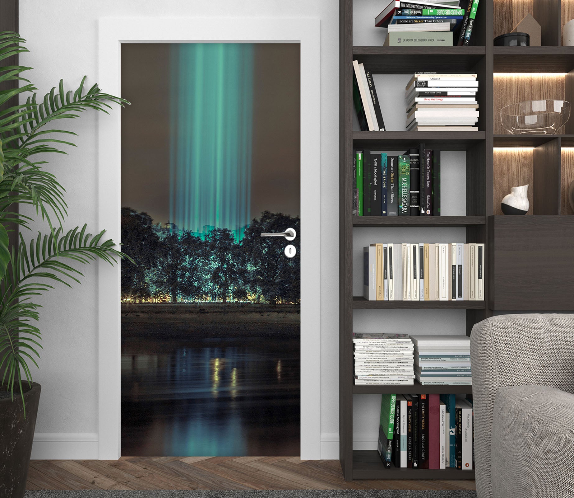 3D Trees Green Light 10690 Assaf Frank Door Mural