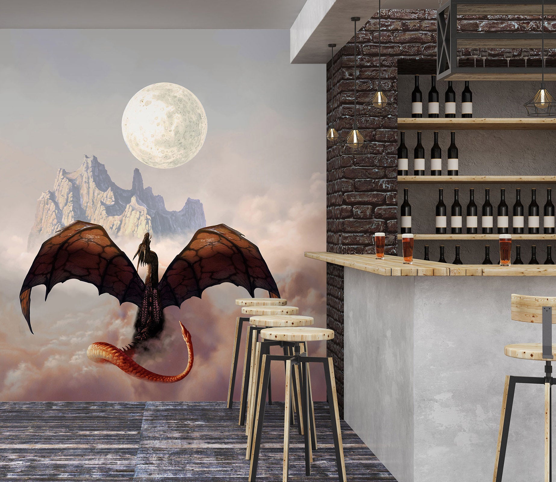 3D Moon Hill Dragon 7132 Ciruelo Wall Mural Wall Murals