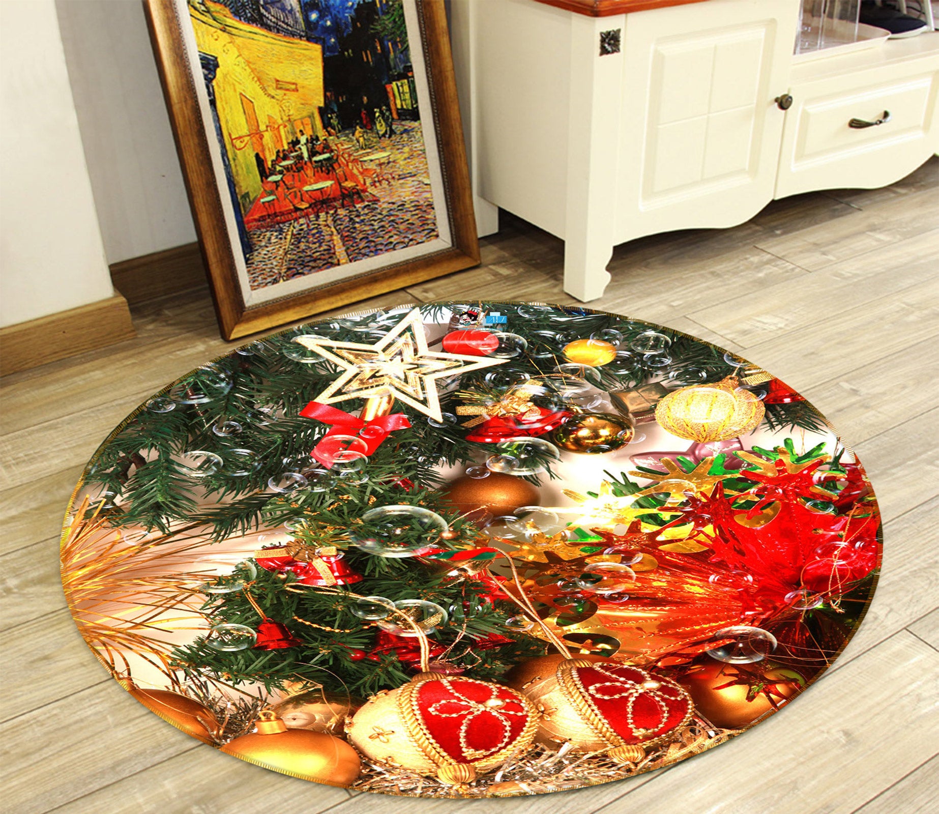 3D Golden Pendant 55190 Christmas Round Non Slip Rug Mat Xmas