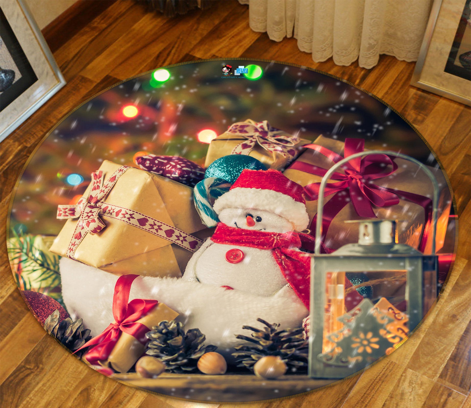 3D Gift Snowman Doll 55187 Christmas Round Non Slip Rug Mat Xmas