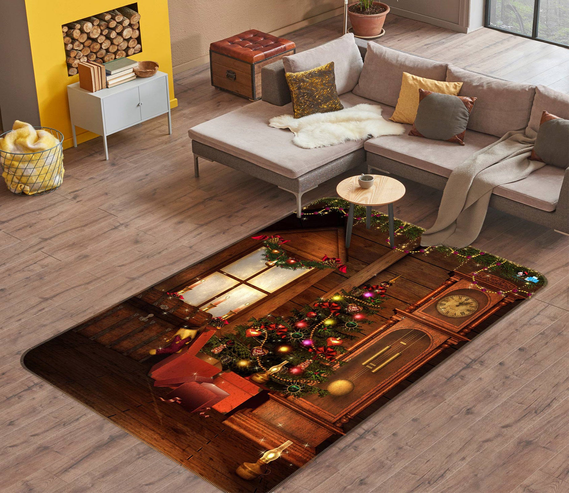 3D Clock Window Tree 56178 Christmas Non Slip Rug Mat Xmas