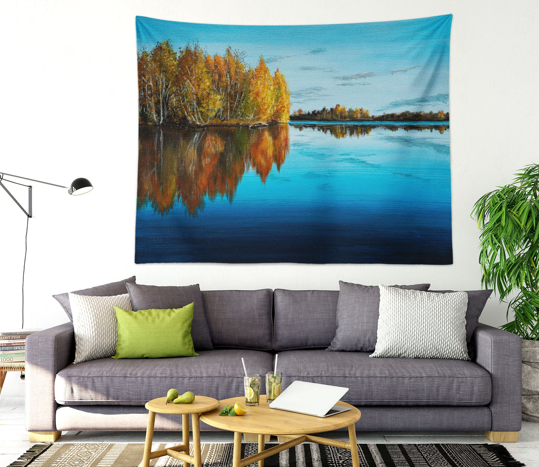 3D Blue Lake Trees 559 Marina Zotova Tapestry Hanging Cloth Hang