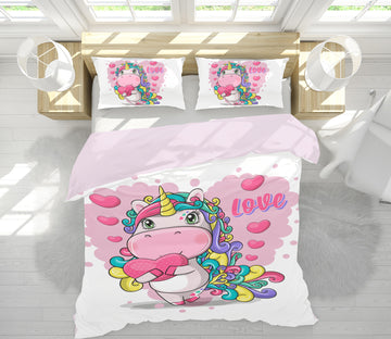 3D Pink Heart Unicorn 67011 Bed Pillowcases Quilt