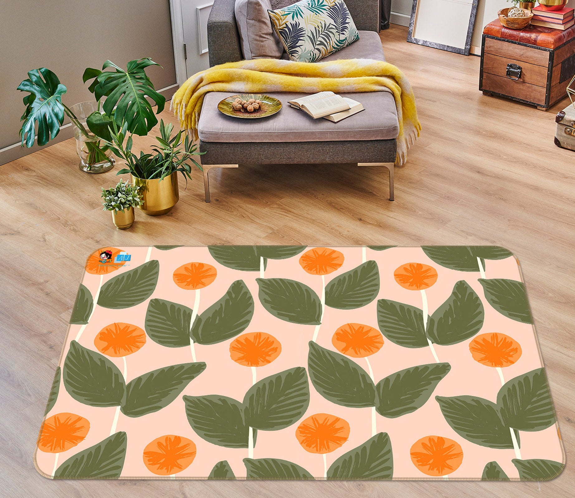 3D Orange Round Flowers Leaves 107104 Kashmira Jayaprakash Rug Non Slip Rug Mat