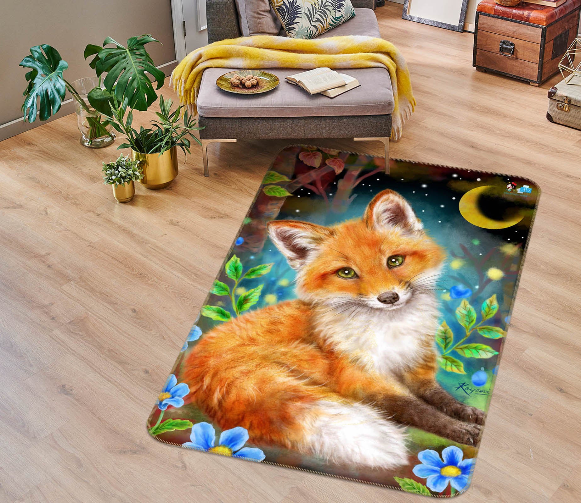 3D Orange Fox Moon 5758 Kayomi Harai Rug Non Slip Rug Mat