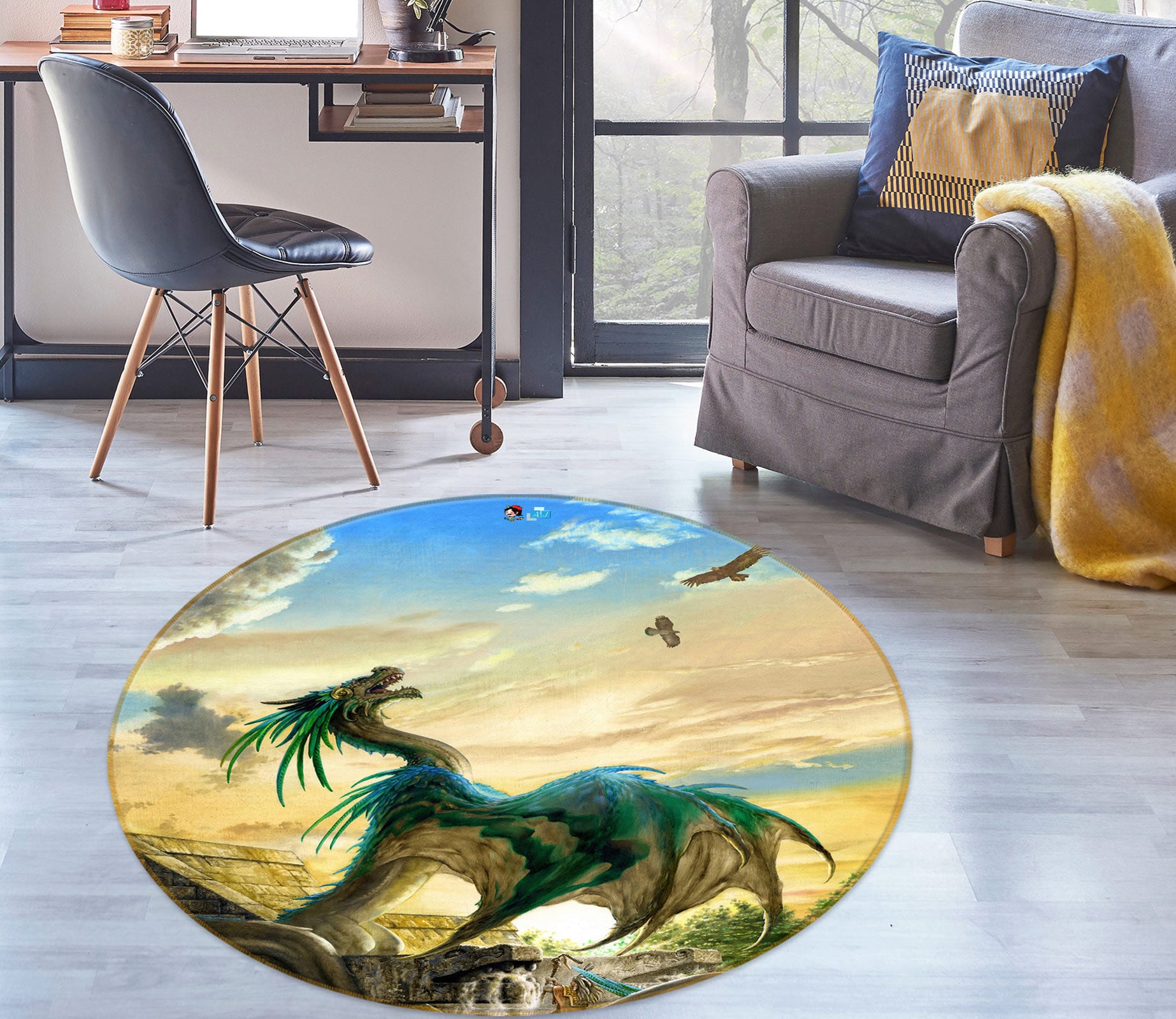 3D Blue-Green Dragon 6142 Ciruelo Rug Round Non Slip Rug Mat