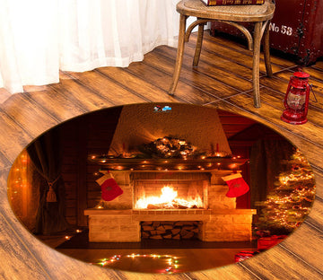 3D Fireplace 55246 Christmas Round Non Slip Rug Mat Xmas