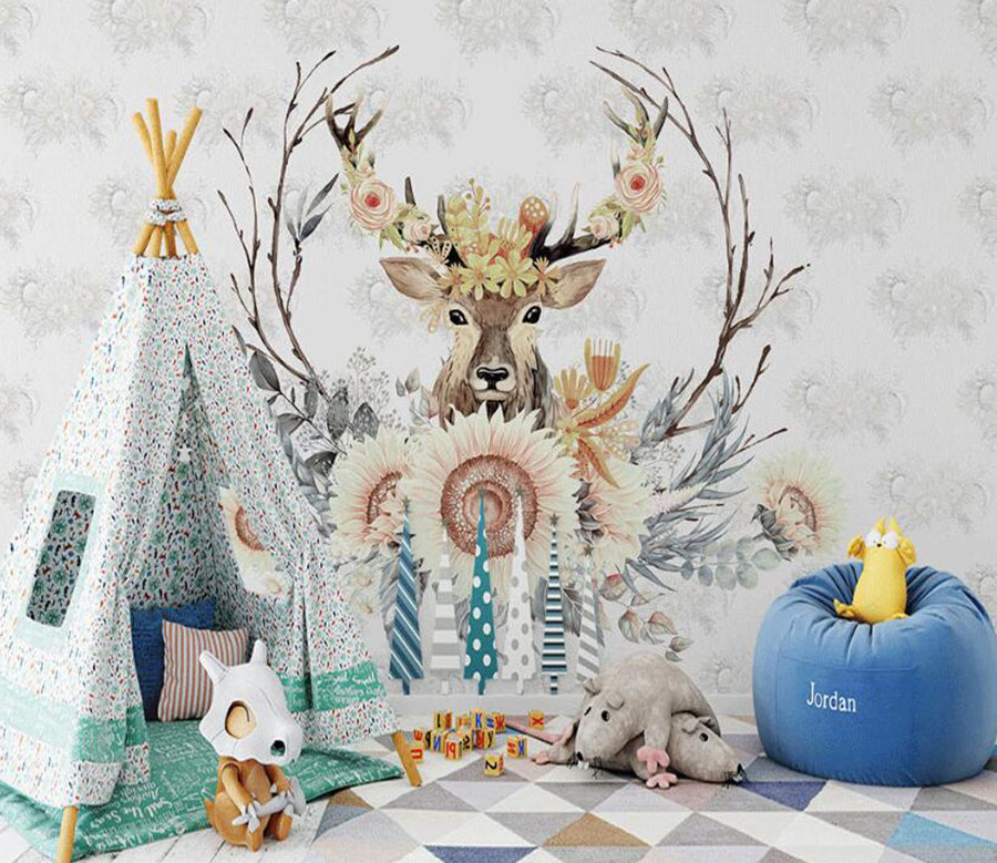 3D Gray Sunflower And Deer 883 Wall Murals